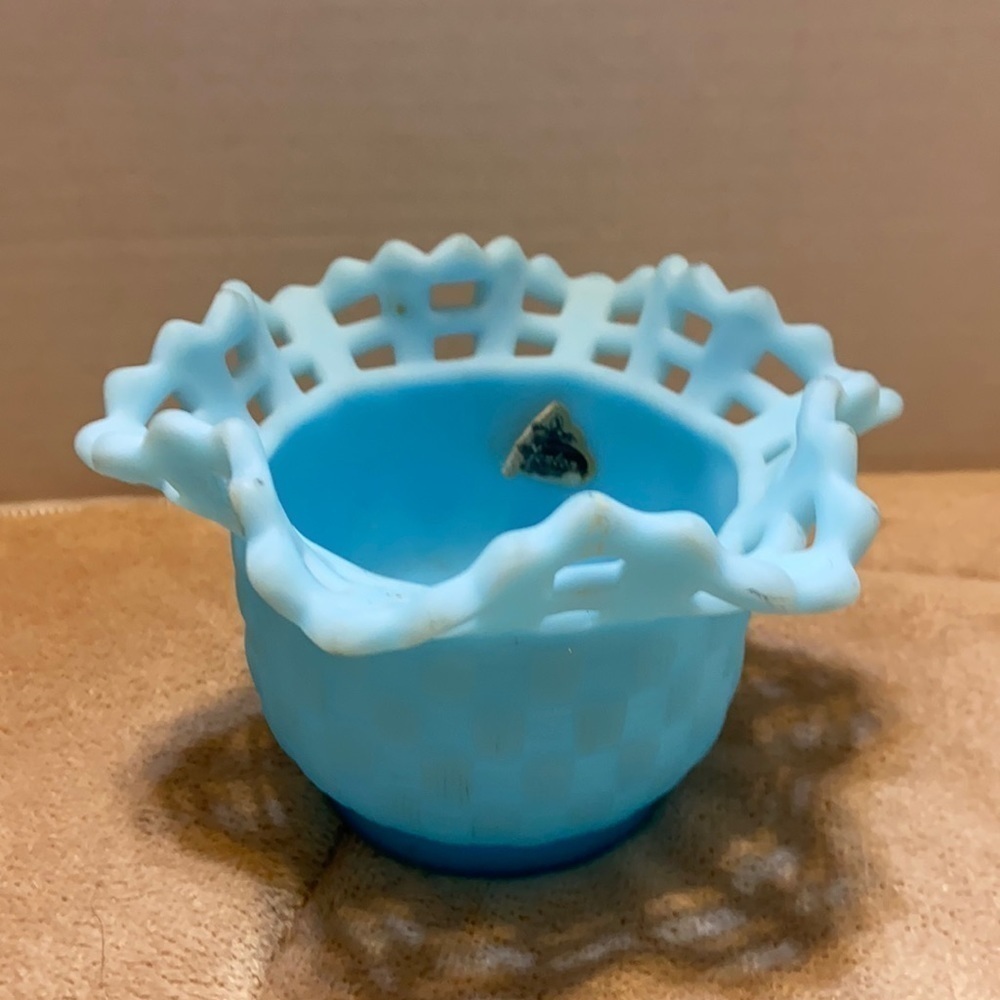 Fenton blue satin custard glass basket weave rose bowl